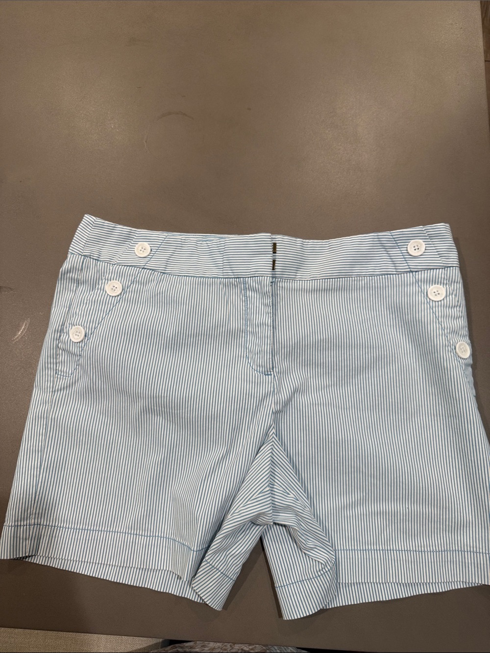 LOFT Light Blue and White Pinstripe Button-Detail Shorts